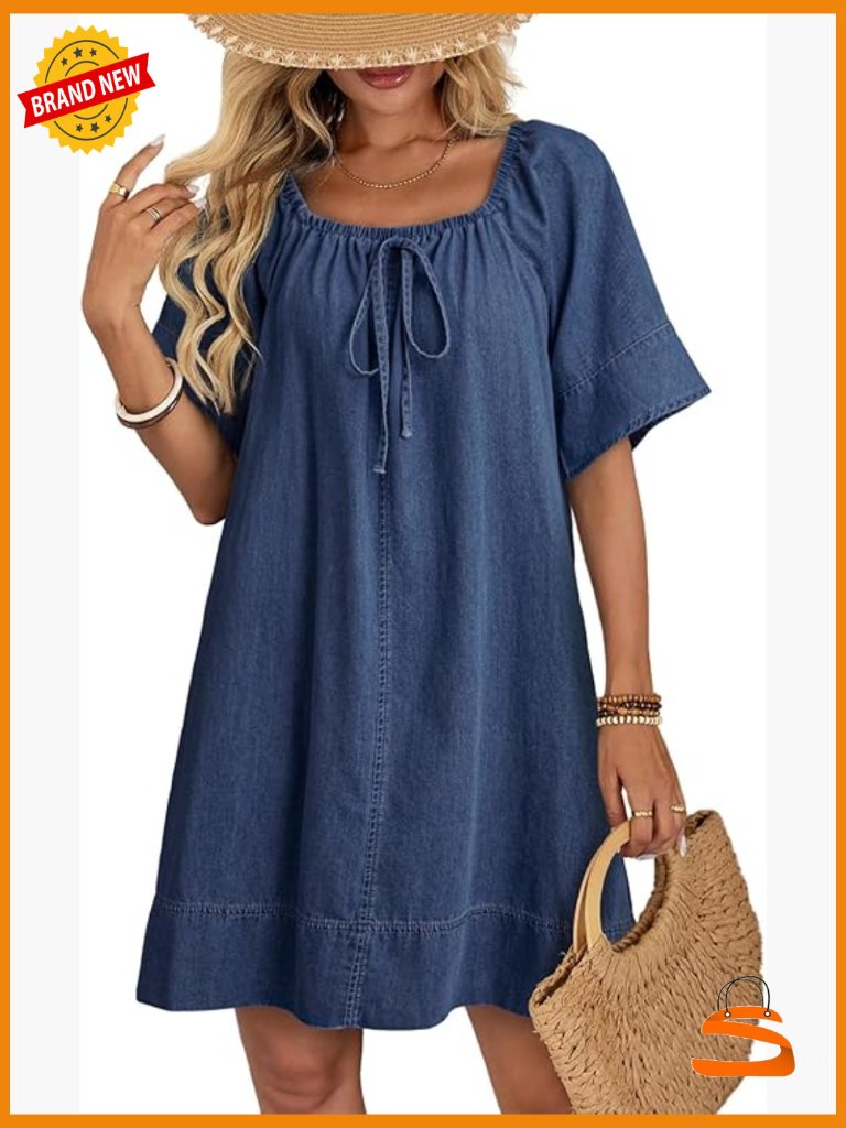 Lightweight Flowy Denim Dress Square Neck Short Sleeve Tie Knot Front
